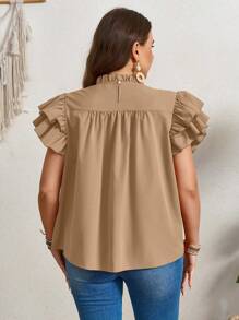 SHEIN LUNE Plus Size Women's Summer Solid Color Frill Trim Stand Collar Double Layer Cap Sleeve Blouse - Khaki - View 2