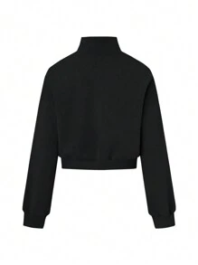 SHEIN 1 chiếc áo nỉ dài tay cổ đứng, màu đen trơn dành cho nữ, kiểu dáng áo dài tay, thích hợp cho lễ tốt nghiệp, tựu trường, giáo viên, áo len mùa thu. - màu đen - Xem 2