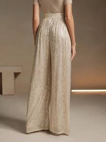 Anewsta 女士直腿休闲松紧腰宽松亮片装饰飘逸长裤 - 香檳色 - 查看 2