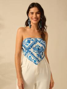 CAJUNI 女士假日海滩休闲夏季波西米亚风热带植物、花鸟、椰子树蓝色印花杏色抹胸 - 藍白色 - 查看 1