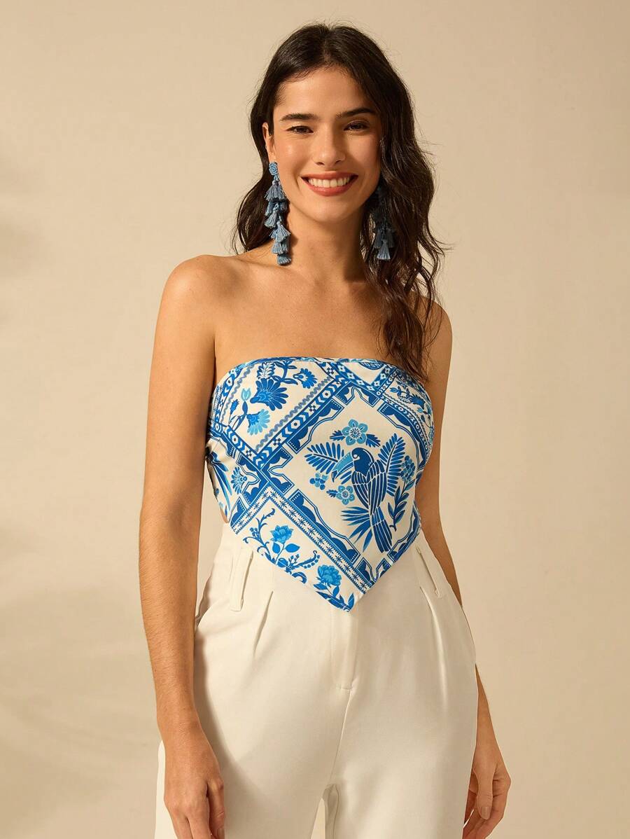CAJUNI 女士假日海滩休闲夏季波西米亚风热带植物、花鸟、椰子树蓝色印花杏色抹胸 - 藍白色 - 查看 1