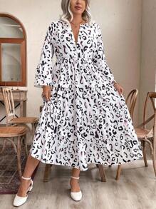 Celure Plus Size V-Neck Patchwork Floral Print Minimalist Casual Dress