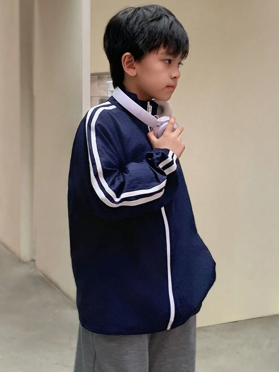 Áo khoác chống nắng và gió dệt cổ cao dành cho bé trai Tween, thích hợp đi làm hàng ngày, đi học, giải trí, nghỉ mát, hoạt động thể thao vào mùa xuân, mùa hè, mùa thu và mùa đông - Màu xanh lam - Xem 1