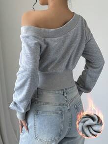 Chiquease Nữ Bất Đối Xứng Cổ Lạnh-Vai Dài Tay Màu Thời Trang Tối Giản Cổ Bất Đối Xứng Trang Áo - Màu Xám nhạt - Xem 2