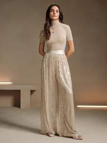 Anewsta 女士直腿休闲松紧腰宽松亮片装饰飘逸长裤 - 香檳色 - 查看 7