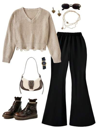2 件 Tween Girl 破洞 V 领毛衣和阔腿裤套装，休闲街头装