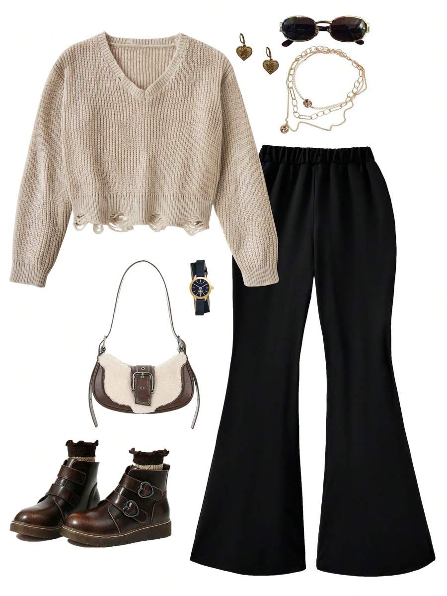 2 件 Tween Girl 破洞 V 领毛衣和阔腿裤套装，休闲街头装