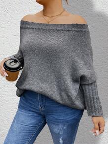 SHEIN Unity Plus Size Women's Solid Color Simple Daily Sweater, Off-The-Shoulder, Long Sleeve Knit Pullover Fall Winter Outfit