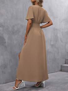 EMERY ROSE V-Neck Split Hem Short Sleeve Solid Color Summer Dress Maxi Women Outfit - Mocha Brown - View 2