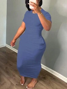 SHEIN Plus Size Women's Summer Solid Color Round Neck Short Sleeve Fitted Pocket Casual Dress - Dusty Blue - View 3