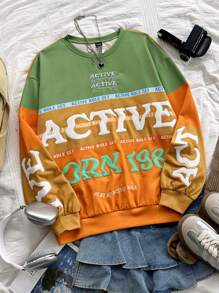 Soleia Women's Vacation Style Color Block Letter Embroidery Decorated Casual Sweatshirt, Suitable For Early Autumn, Race, Graduation, Back To School Season - Multicolor - View 1