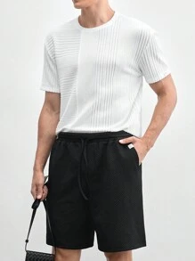 Business Casual 易於護理紋理編織男士圓領短袖休閒T恤連衣裙，2入組，適用於夏季 - 黑與白 - 查看 2