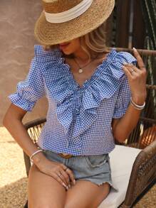 SHEIN LUNE Shirred Ruffled Plaid Casual Shirt