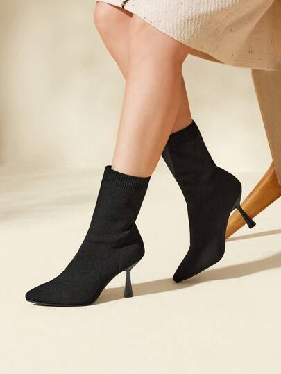 CUCCOO BASICS 女士简约针织高跟尖头黑色袜靴夏季毕业高跟鞋舞会高跟鞋度假鞋夏季促销圣诞节秋季新年假期