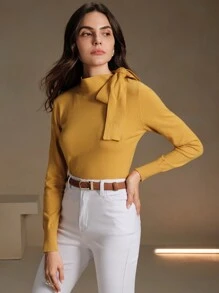 Anewsta Women's Elegant Solid Color Bowknot Shoulder Design Pullover Sweater, Suitable For Autumn, Winter, Going Out, Leisure, Formal, Party, Fashionable, New Year, Christmas, Work, Graduation, Wedding