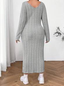SHEIN EZwear Vestido ajustado largo de punto acanalado gris para mujer de talla grande - Gris - Ver 3