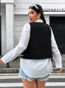 Flirla Plus Size Women's Vest, Colorful Floral Embroidered Jacket - Black - View 2