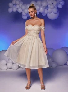 SHEIN Belle Women's White Off-Shoulder Sequin Lace Patchwork Shiny Mesh Ruffle Decor High-Waist A-Line Princess Bridal Gown,Elegant Prom Semi Formal Party Dress - Apricot - View 6