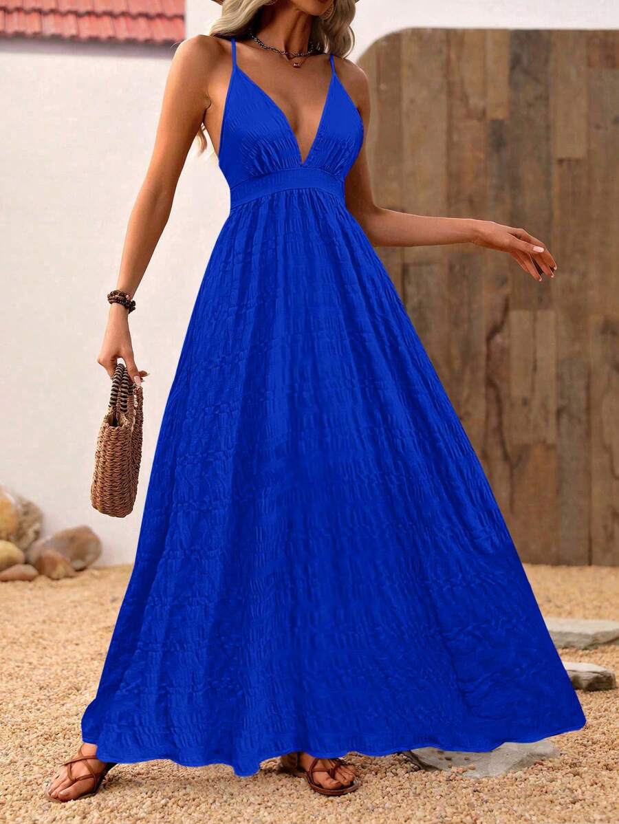 SHEIN Holidaya Đầm suông hở lưng đi nghỉ thường ngày - Đầm suông hiện đại thường ngày - Xanh đậm - Xem 1