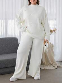 EURMUSE Plus Size Women Sweater With Pearl Detailed And Knit Pant, For Winter - White - View 5