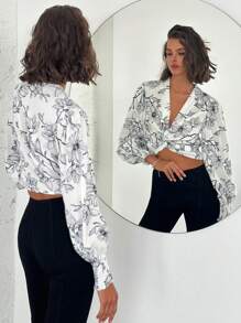 SHEIN Privé Damen elegante romantische Bluse mit Blumenprint und Puffärmeln für Urlaub, schwarze und weiße Bluse