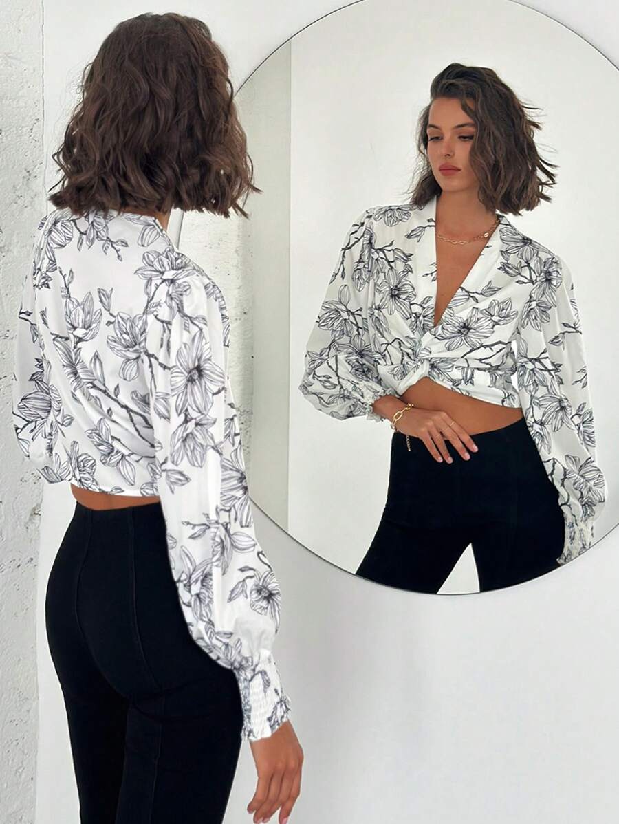 SHEIN Privé Damen elegante romantische Bluse mit Blumenprint und Puffärmeln für Urlaub, schwarze und weiße Bluse