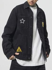 Manfinity LEGND Áo khoác denim thường ngày có đính đá cho nam cỡ lớn, mùa xuân/thu - màu đen - Xem 1