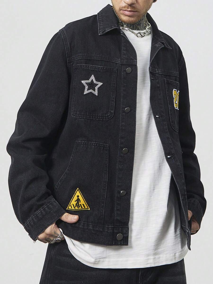 Manfinity LEGND Áo khoác denim thường ngày có đính đá cho nam cỡ lớn, mùa xuân/thu - màu đen - Xem 1