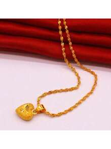 1pc Vietnam 24K Gold Filled Solid Heart-Shaped Pendant, Chain Necklace Jewelry For Women Valentines
