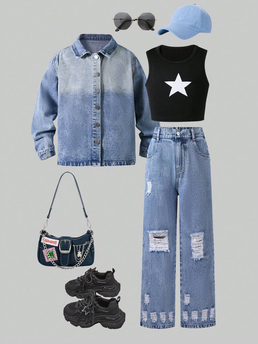 Tween Girls Color Block Front Button Long Sleeve Denim Shirt + Star Print Round Neck Vest + Ripped Pocket Denim Pants Outfit Set - Multicolor - View 1
