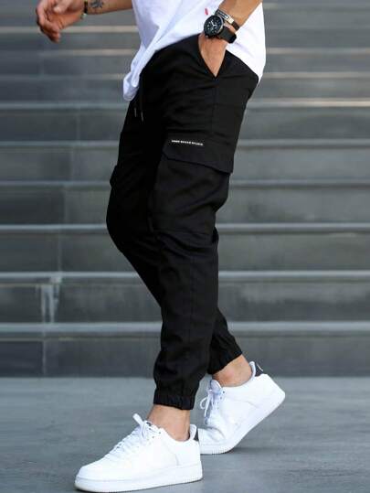 Manfinity Homme Men Solid Color Drawstring Pocket Relaxed Tapered Pants, Long Vacation Tapered Cargo Pants, For Husband, Boyfriend Gifts, Fall