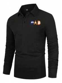 Calvornis Men's Long Sleeve Letter Print Polo Collar Commuter Shirt, Spring Autumn - Black - View 3