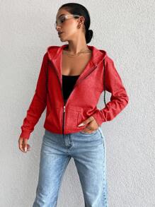 RueChic 100%Cotton Women's Zipper Front Hooded Sweatshirt With Drawstring - Red - View 3