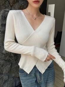 DAZY 女士商务休闲 V 领长袖修身衬衫、长袖上衣、秋季返校服装 - 杏色 - 查看 4