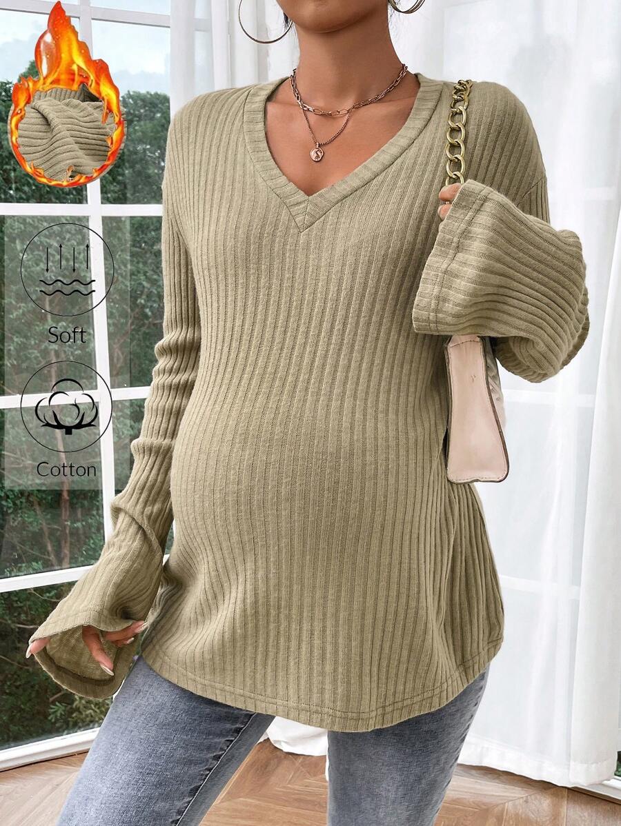 SHEIN Maternity Solid V-Neck Long Sleeve Ribbed Simple Casual Top - Army Green - View 1