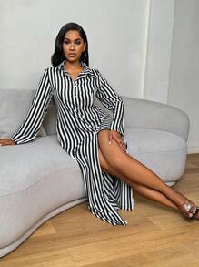 Zolique Vestido camisero de manga larga con botones en negro y blanco a rayas, para otoño, para maestras, de vuelta al trabajo, elegante vestido largo para mujer - Blanco y Negro - Ver 7