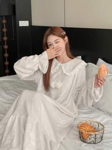 DAZY 加厚法兰绒蕾丝翻领甜美睡裙，蓬松保暖，适合秋冬季节，舒适温暖，宽松睡衣 - 米色 - 查看 7