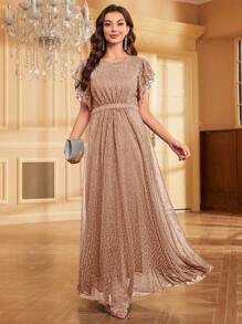 SHEIN Belle Elegante y glamuroso vestido largo de lentejuelas de mujer con cuello redondo, manga corta de volante - Rosa vieja - Ver 3