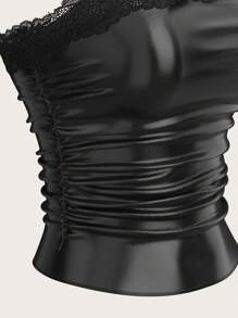 SHEIN EZwear Women's Black Leather Patchwork Lace Bandeau Top