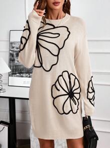EMERY ROSE Women's Embroidered Long Sleeve Crew Neck Knitted Sweater Dress - Apricot - View 7