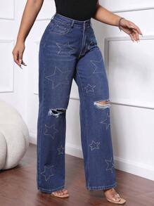SHEIN SXY Jeans de pierna ancha con cierre delantero, bolsillos múltiples, desgastados, con estampado de estrellas - Azul lavado oscuro - Ver 5