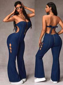 SHEIN ICON Bộ áo liền quần denim ống loe mùa hè dành cho nữ - Màu xanh lam - Xem 2