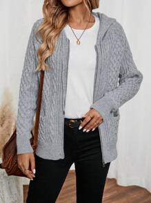 EMERY ROSE Damska jesienno-zimowa nowa dzianinowa kurtka sweterkowa z kapturem i zamkiem błyskawicznym - Szary - Zobacz 1