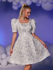 SHEIN Belle Elegant Women's Metallic Glitter & Fuzzy Trim Sexy Crop Top Cocktail Party Dress, Prom Semi Formal Dress, For Birthday, Wedding Guest, Graduation, Dinner, Homecoming