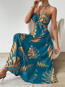 Breezaya Tropical Leaf Print Vacation Beach Dress