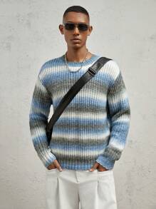 AKNOTIC Business Casual 男士宽松钩针渐变条纹针织毛衣 - 彩色 - 查看 7