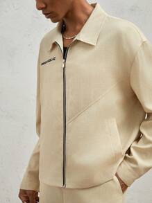 AKNOTIC Business Casual Men Loose Fit Long Sleeve Zip-Up Color Block Deconstructed Short Jacket, For Fall Winter - Apricot - View 1