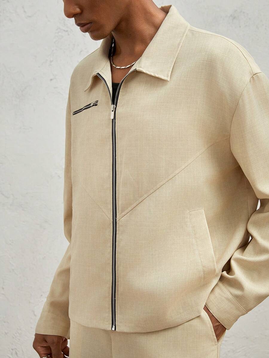 AKNOTIC Business Casual Men Loose Fit Long Sleeve Zip-Up Color Block Deconstructed Short Jacket, For Fall Winter - Apricot - View 1