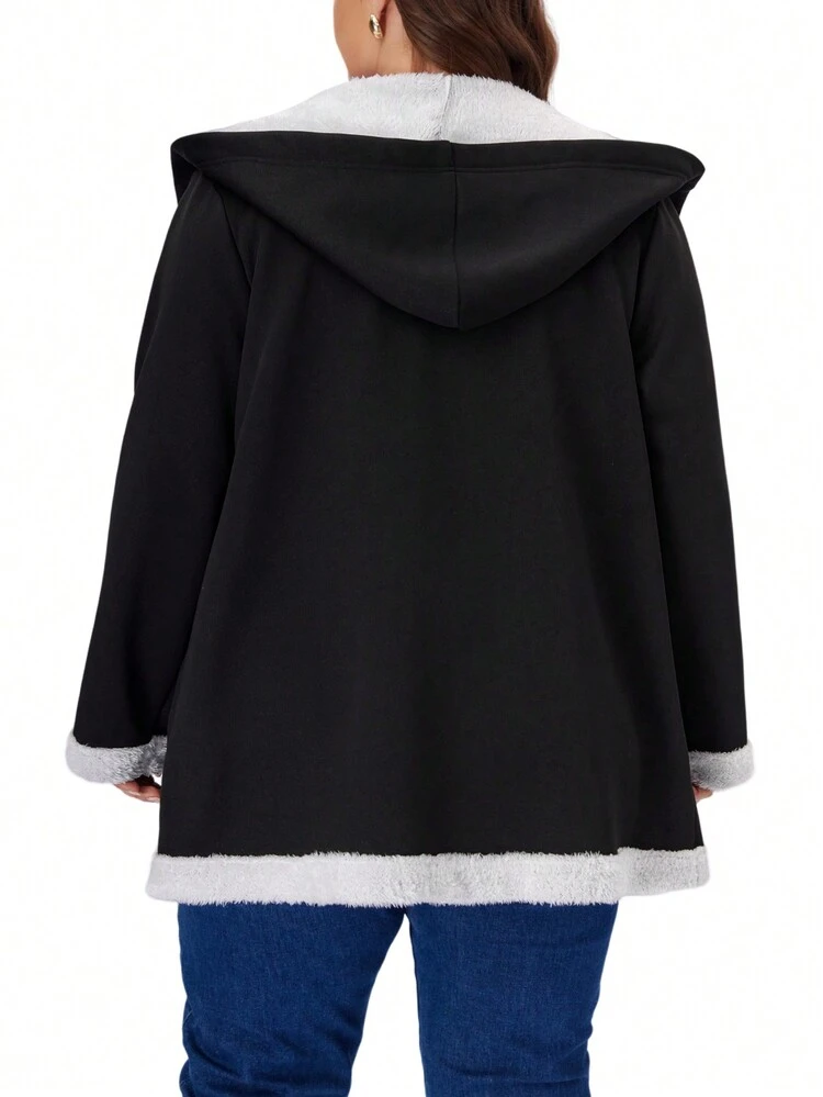 Plus Size Fall Curve Thanksgiving Women Fuzzy Colorblock Fluffy Hooded Coat, Winter Fall
