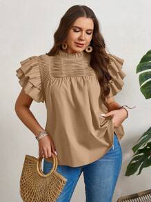 SHEIN LUNE Plus Size Women's Summer Solid Color Frill Trim Stand Collar Double Layer Cap Sleeve Blouse - Khaki - View 4